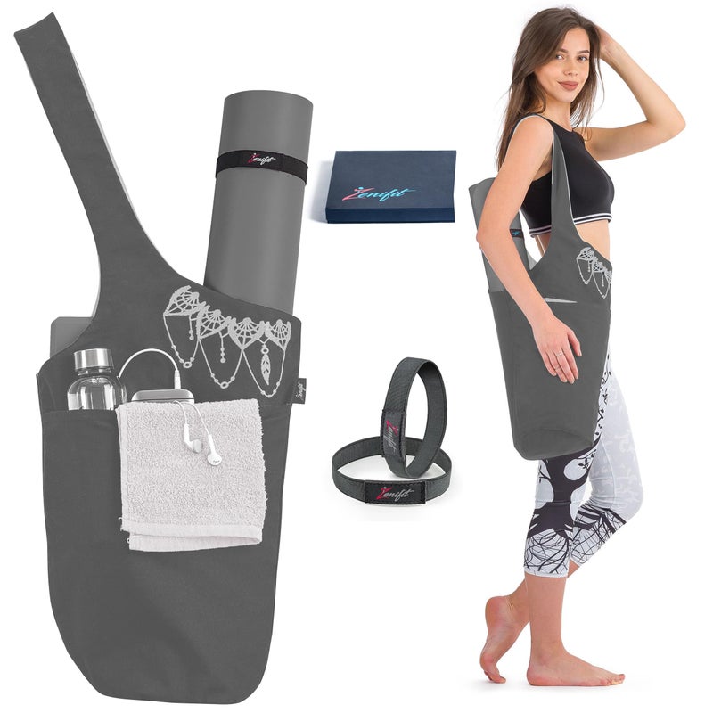 Zenifit Yoga Mat Bag â€“ Versatile Yoga Bag with Mat Straps & Storage Pockets, Holds Yoga & Pilates Mats, Lightweight & Durable, Gray and White - Image 1